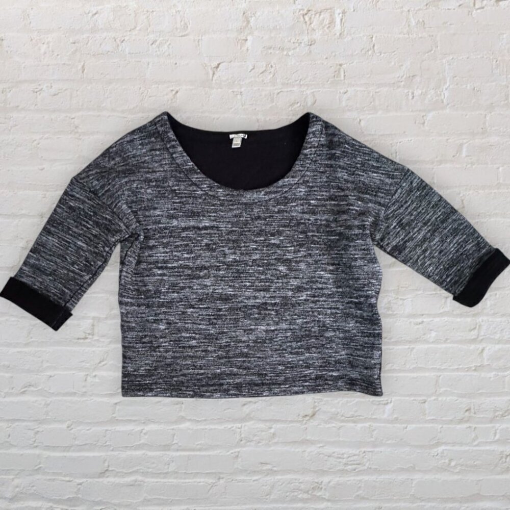 J CREW Black Gray Marled Wool Blend Scoop Neck Crop Top Elbow Sleeve Pullover S